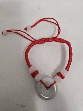 White Jadeite "Peace Buckle" Pendant Pink Quartz Beads